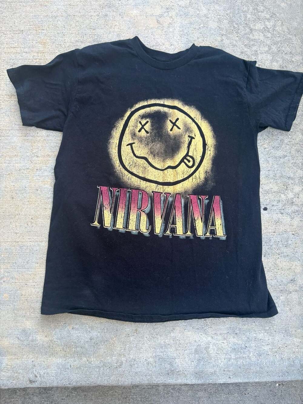 Nirvana Gradient Smile Face Graphic Band T-Shirt Black